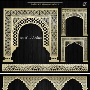 Decorative Arabic arches with combined pattern. Wall decor with Moroccan Islamic ornaments. CNC and laser cutting files Dxf, Svg, Eps, Png.