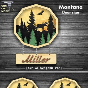 Pannello di benvenuto con paesaggio montano, cartello porta Montana SVG, cartello porta d'ingresso familiare SVG, download istantaneo file di taglio laser Dxf, Ai, Cdr