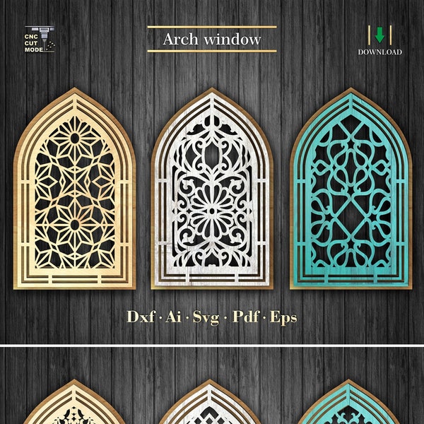 6 Decorative window arches with patterns, Cathedral window wall decor,  CNC and Laser cutting files Svg, Dxf, Ai, Eps,  GlowForge template