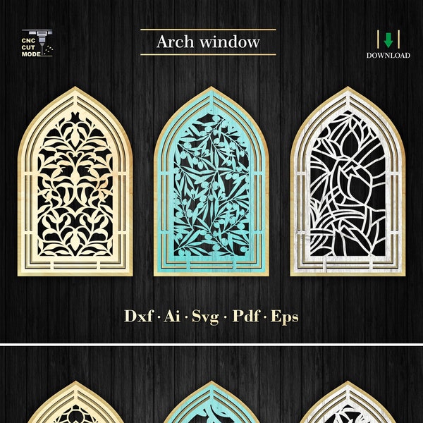 Cathedral window arch bundles, Gothic arch for wall decor with floral pattern, CNC and laser cutting files, GlowForge template Svg, Dxf, Pdf