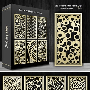 25 Stylowy nowoczesny panel dekoracyjny z abstrakcyjnymi i geometrycznymi wzorami, Parawan pokojowy CNC i laser, szablon do cięcia plazmowego Dxf, Svg