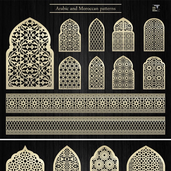 Decorative arch window with Arabic and Moroccan pattern. Wall decor Islamic ornaments Svg, Dxf, Eps. CNC and laser cutting template.