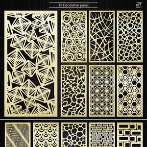 12 decoratieve paneelsjabloon, Room divider met abstract en geometrisch patroon, Decor metalen hek voor CNC en lasersnijden bestanden dxf, Svg.