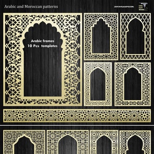 10 cadres décoratifs en arc de style arabe et marocain, panneaux de fenêtre avec motif islamique CNC et fichiers de découpe laser Svg, Dxf