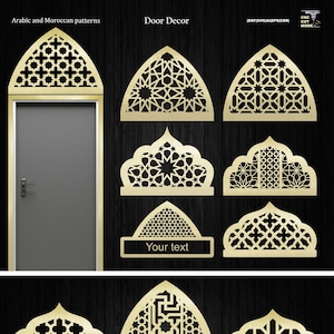 Decorazione di porte e finestre in stile arabo e marocchino, Pannello decorativo murale con motivo islamico, Cnc e taglio laser modello svg, Dxf