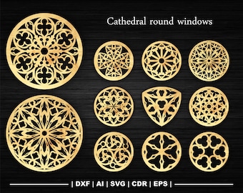 Decorative round cathedral windows in the Gothic style, Church patterns CNC and laser cutting template, Glowforge and cricut files Svg, Dxf