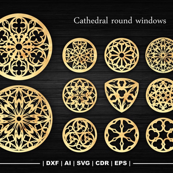 Decorative round cathedral windows in the Gothic style, Church patterns CNC and laser cutting template, Glowforge and cricut files Svg, Dxf