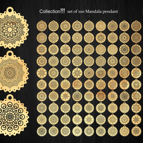 100 Mandala wooden pendant bundles, keychain digital templates for laser cutting and engraving, hippie decoration Svg, Dxf, Ai.