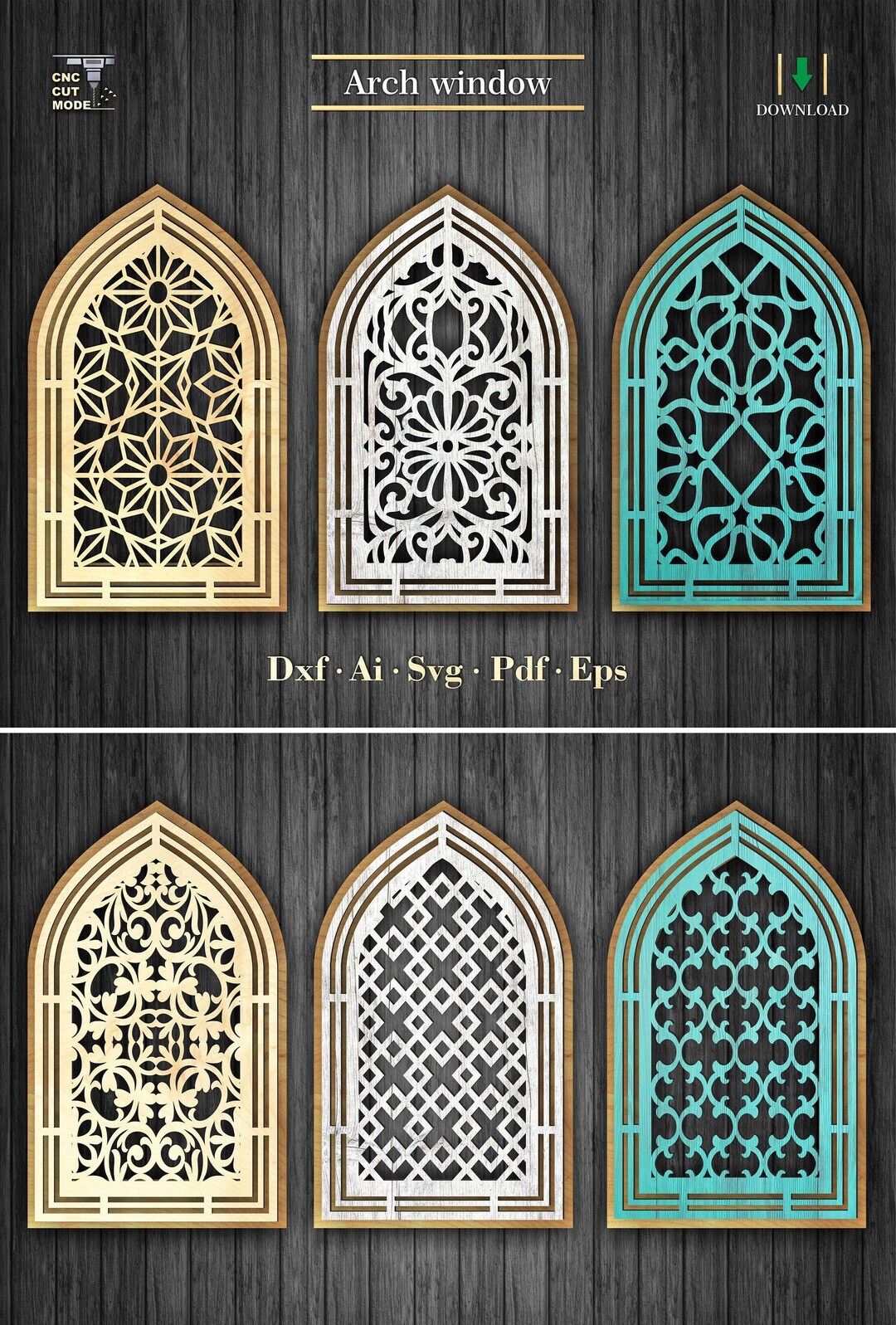 6 Decorative Window Arches With Patterns, Cathedral Window Wall Decor ...