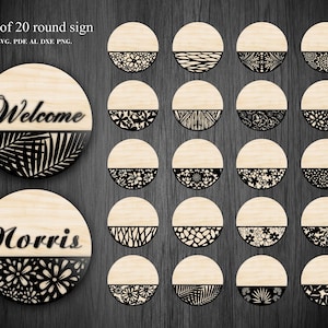 20 SVG - Bundle de plaque de bienvenue florale. Gabarit de découpe laser pour enseigne de famille. Décoration de la porte d'entrée avec plaque nominative. Fichiers Glowforge Dxf, Png
