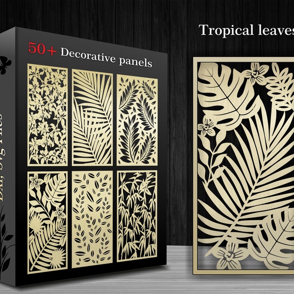 Plus de 50 lots de panneaux décoratifs de feuilles tropicales, Paravent avec motif naturel, Panneau mural - Fichiers de découpe CNC et laser Dxf, Svg.