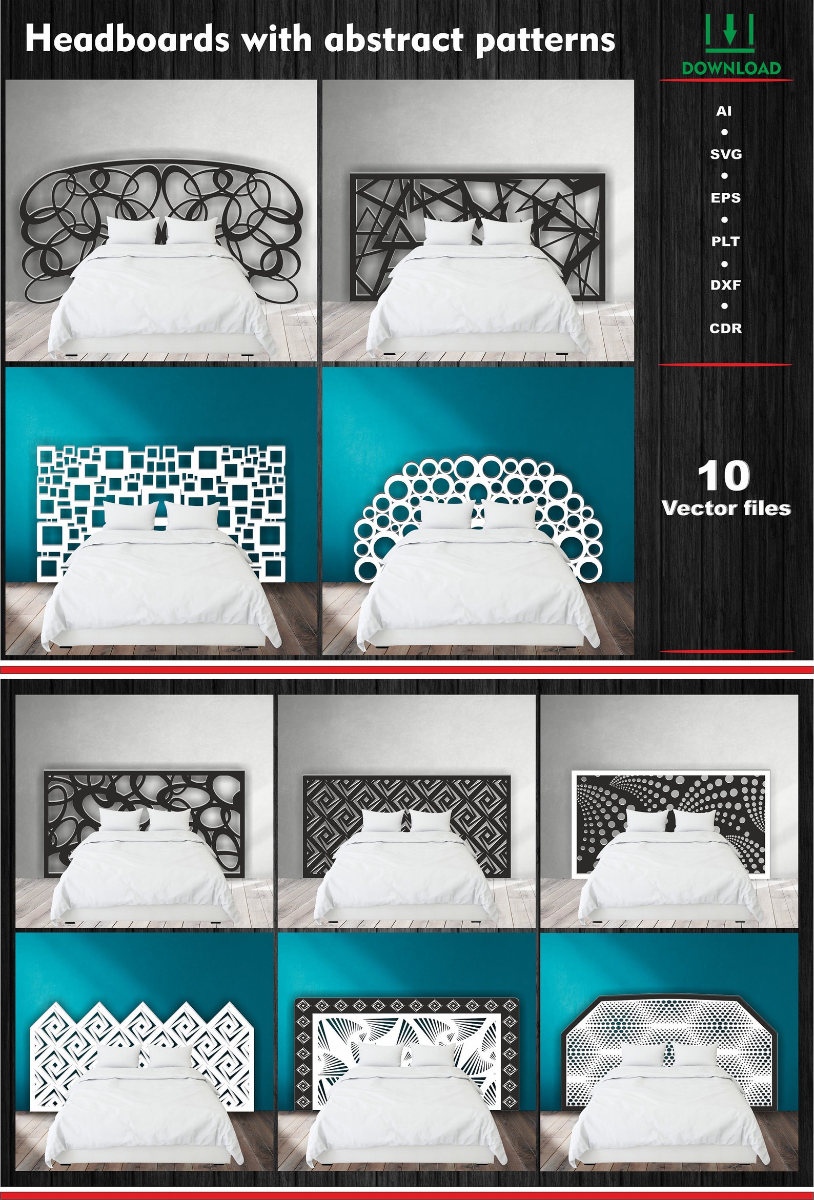 Headboard for a bed set of 10 vector files with geometric and Etsy