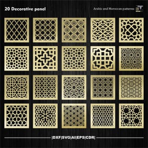 20 motifs marocains carrés, panneaux de treillis décoratifs arabes, séparateur de pièce, modèles de décoration islamique pour découpe laser et CNC dxf, Svg, Eps