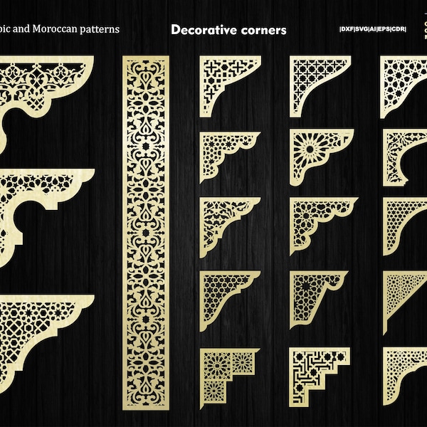 20 pièces de coins aux motifs arabes et marocains pour décoration de fenêtre, Gabarits vectoriels pour découpe laser et CNC Dxf, Svg, Cdr.