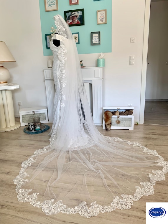 Real Photos White Ivory Long Pearl Veil One Layer Bridal Veil Cathedral 3  Meters Wedding Veil with Pearls Wedding Accessories