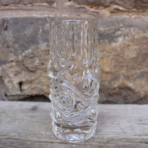Peut inclure: Un vase en verre transparent de forme cylindrique avec une surface texturée présentant des motifs organiques en relief, des tourbillons et des protubérances semblables à des bulles. Le verre est transparent et reflète la lumière.