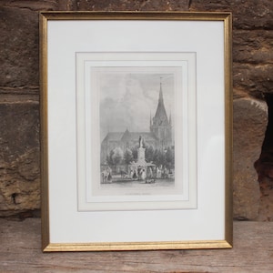 Steel engraving of Liège Cathedral, Belgium / circa 1850 / Shepherd del / J. Shury & Son / in a wooden frame from the 1980s