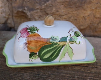 Butter Dish Vegetable Decor Hand Painted Wood Ceramic Vintage Kitchen 70s 80s