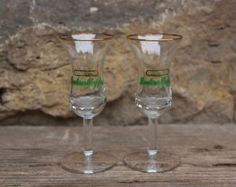 2 liqueur glasses with advertising / shot glasses Lauterer Tropfen / Lautergold Erzgebirge / advertising glasses 90s