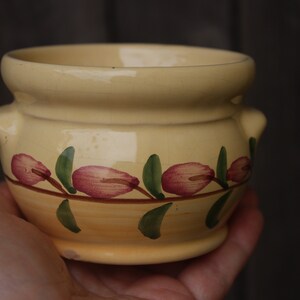 May include: A small, yellow ceramic pot with a floral design. The pot has a rounded shape and a wide rim. The floral design features pink flowers and green leaves.