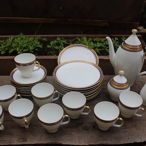 MELITTA MADRID Coffee Service Porcelain 30 Pieces Etched Gold Cobalt Vintage 70s West Germany