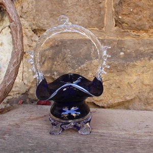 Murano basket glass basket handle bowl Pop Art cobalt blue glass mouth-blown 70s vintage