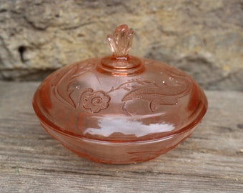 Lidded jar bonbonniere candy bowl pink glass Rosalinglas pressed glass Fenne Glas Isolde 30s Art Deco