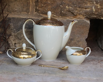 3-piece coffee set with gold overlay / coffee pot, sugar bowl, creamer / Creidlitz porcelain Bavaria, 1950s