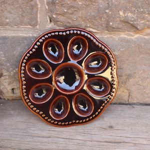 Egg plate brown ceramic vintage 70s