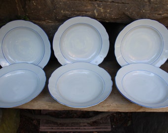 6er Set Suppenteller Pastateller Salatteller blauer Rand Wellenrand Porzellan Vintage 70er 80er Jahre DDR