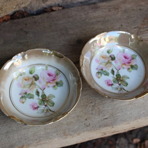 Set of 2 dessert bowls with rose decoration, mother of pearl porcelain, 1920s and 1930s