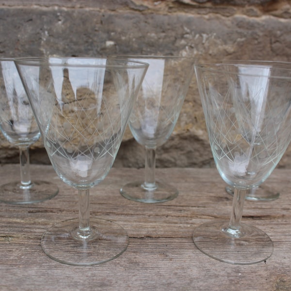 5er Set Weingläser Aperitiv Gläser Weingläser geschliffenes Glas Streifen Punkte 50er 60er Jahre  DDR GDR