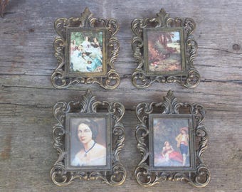 Set of 4 picture frames brass colored with prints Baroque style vintage 60s 70s Made in Italy