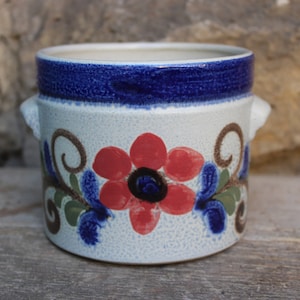 May include: A white ceramic pot with blue and green floral designs. The pot has two handles and a red flower with a black center.