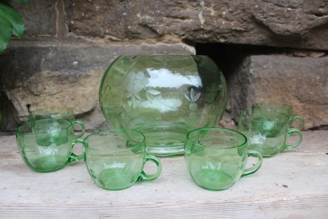 7 Pcs. Uranium Glass Punch Set Antique Bowl Glasses Punch Set 20s 30s