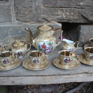 15 pcs. Splendid Coffee Service Baroque Style Light Brown Mother of Pearl Gold Plating Watteau Painting Walbrzych Porcelain Vintage Poland