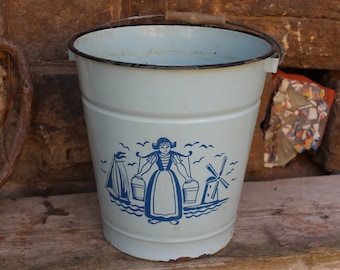 Emailleeimer Holländerin Wasserträgerin Motiv Pflanztopf 10l Vintage Farmhouse