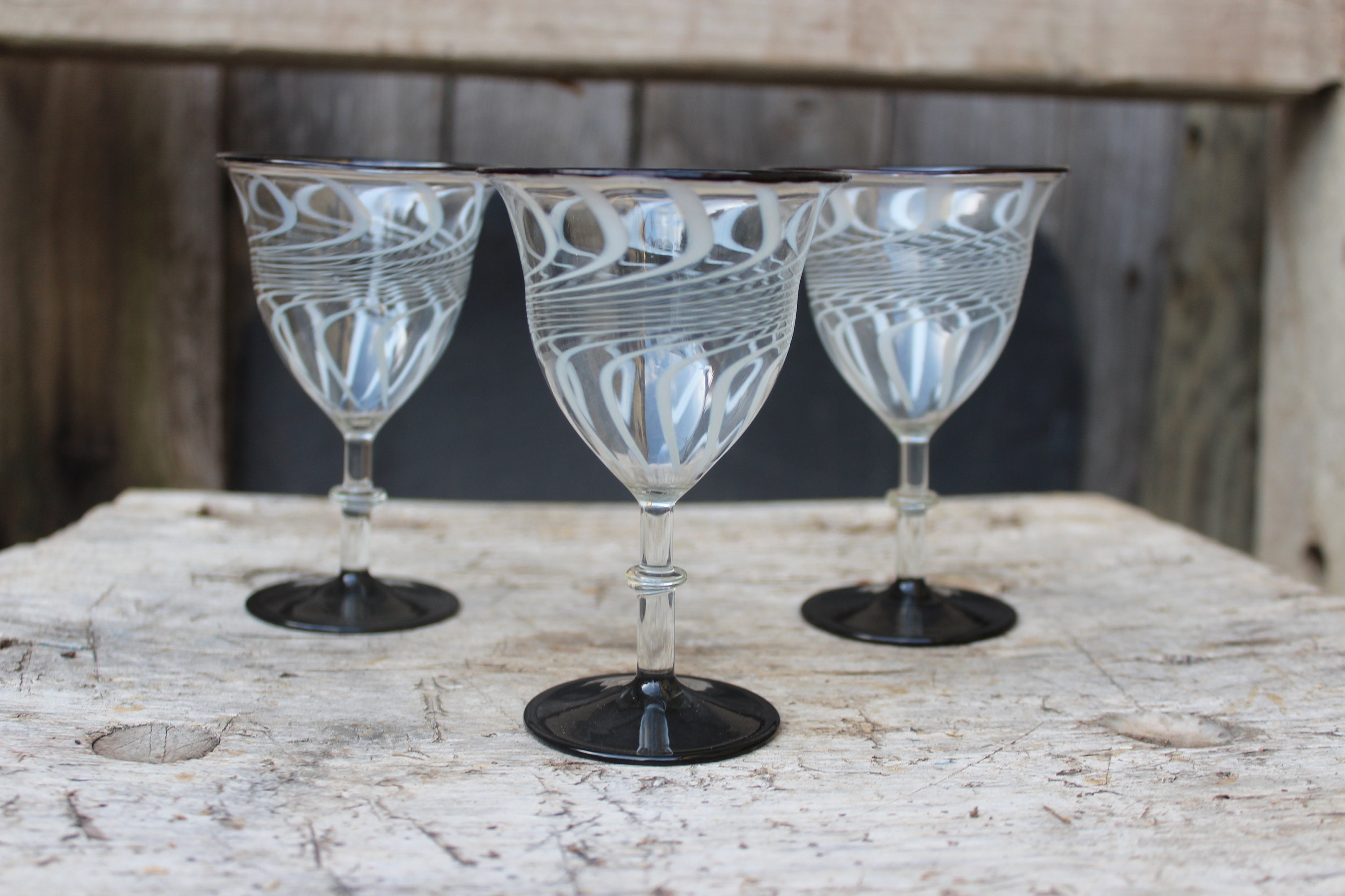 3 Art Deco Wine Glasses Thread Glass Lauscha Bimini Style 20s 30s