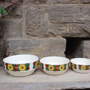 May include: Three ceramic bowls with a floral pattern. The bowls are white with a green, yellow, and red floral design. The bowls are nested inside each other, with the largest bowl at the bottom and the smallest bowl at the top.