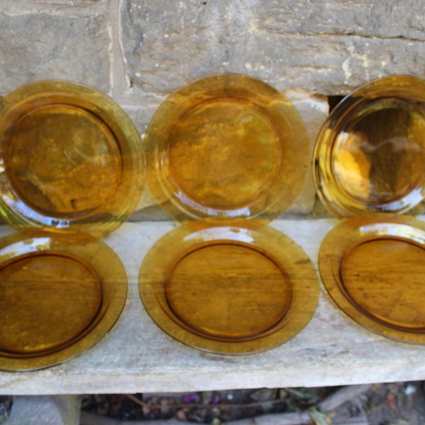 6er Set Vereco Speiseteller Bernstein Glas France Midcentury 70er Jahre