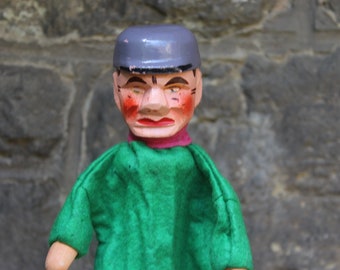 antique hand puppet man with helmet hand carved vintage 30s Germany