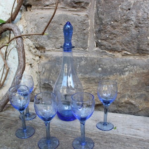 6-piece liqueur set carafe 5 glasses blue crystal glass vintage 50s Bohemia
