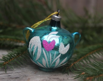 Antique Christmas tree ornament, handled pot, shaped ball, Lauscha, Germany, 1940s/50s