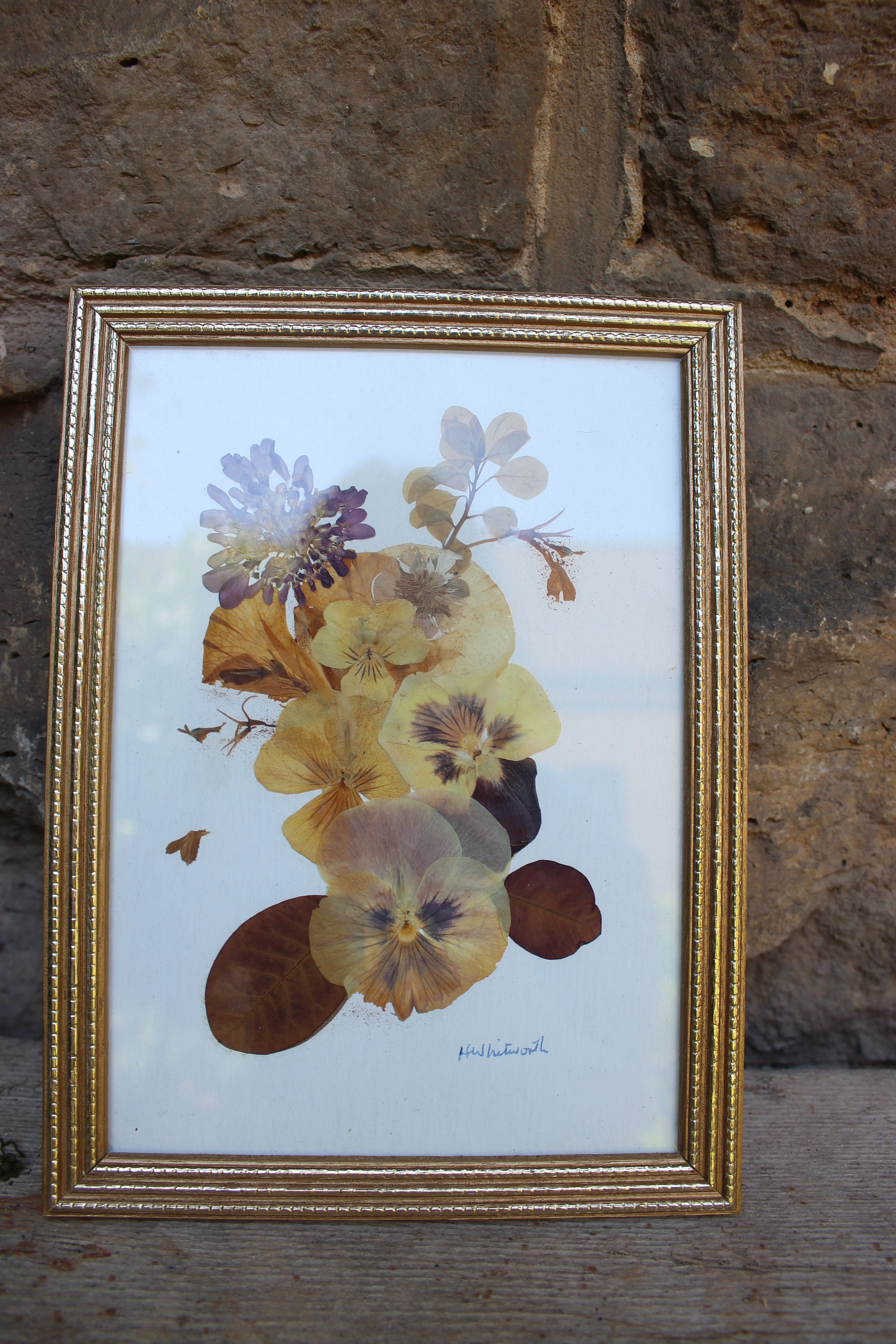 Ancien Cadre En Bois Avec Fleurs Séchées – 31x15 Cm – Fait Main, Signature Inconnue