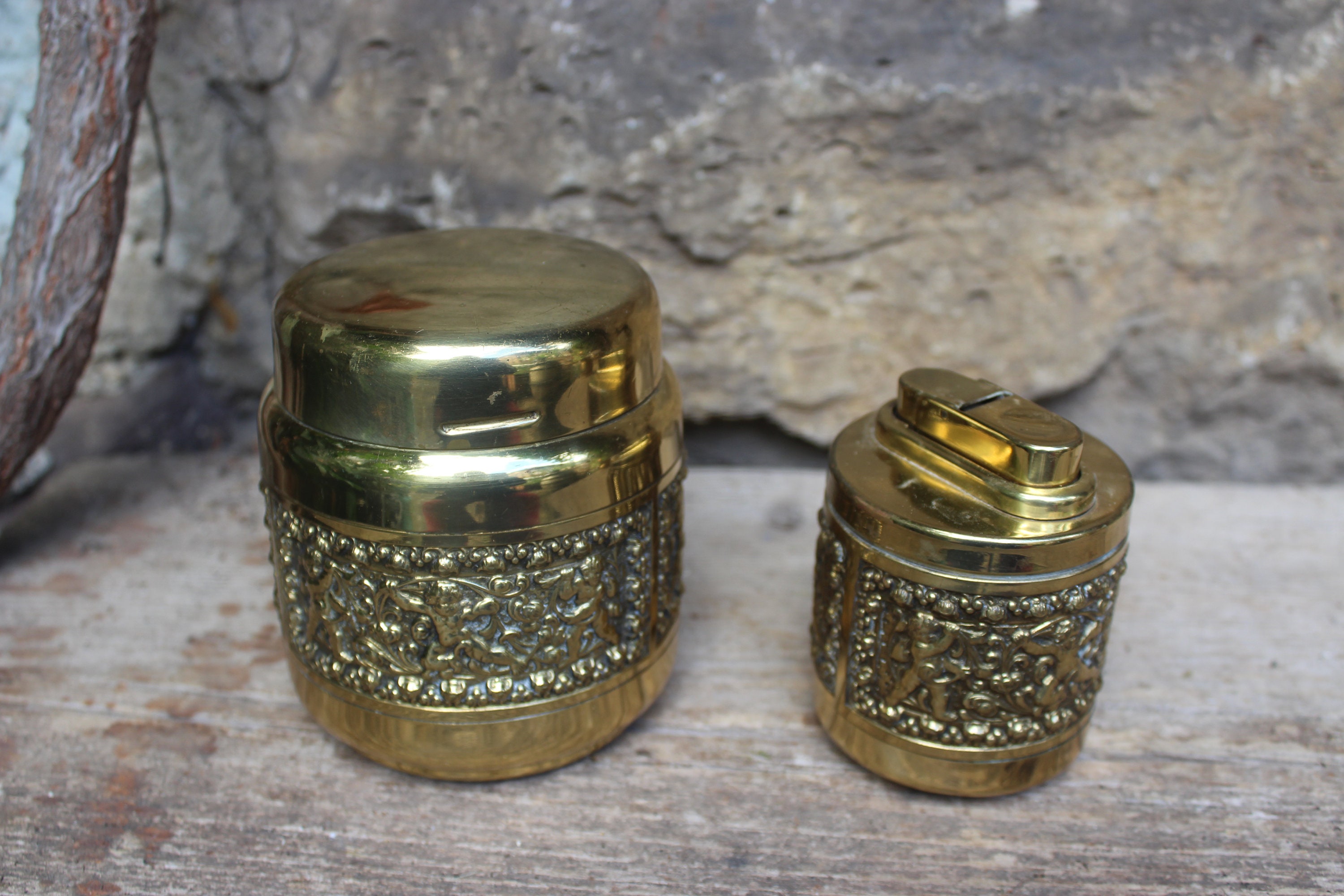 Erhard & Söhne Brass Smoking Set Lighter Cigarette Tin Midcentury