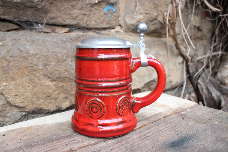Midcentury Beer Mug Ceramic Red Tin Lid 60s 70s West Germany Midcentury Beer Mug Ceramic Red Tin Lid 60s 70s West Germany