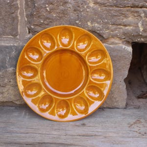 Egg plate, egg dish, amber ceramic, vintage 1970s