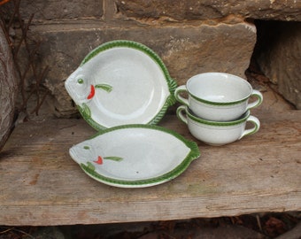 Set of 2 fish soup cups with saucer fish plate WÄCHTERSBACH ceramic 70s