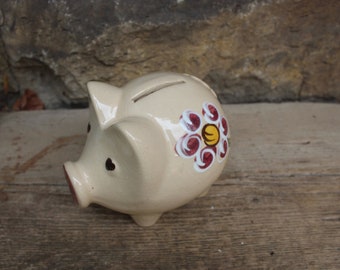 Piggy Bank Money Box Hand Painted Flower Decor Ceramic Collectible Vintage