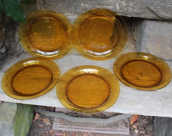 Set of 5 Vereco Dinner Plates Amber Glass France Midcentury 70s